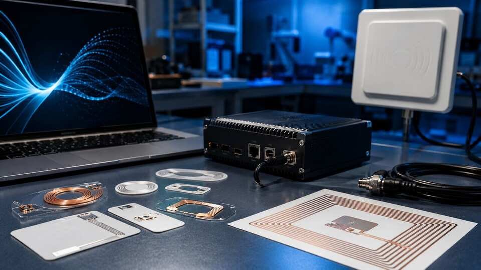 RFID tags, antennas and reader hardware arranged on a technical workbench
