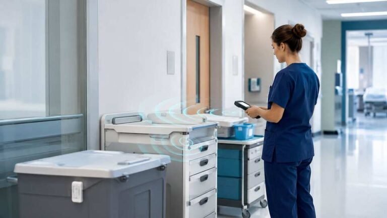 Healthcare worker using an RFID reader beside tagged medical equipment carts