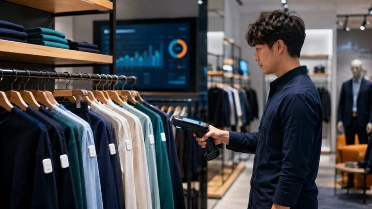Retail staff using a handheld RFID reader to scan tagged garments on a clothing rack