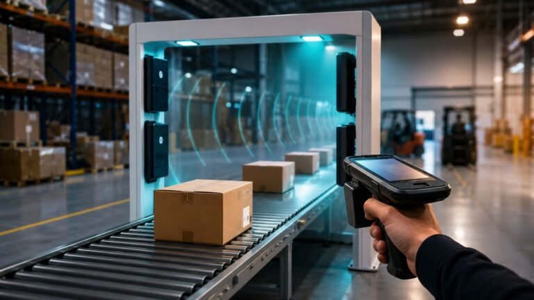UHF RFID warehouse portal reading tagged cartons on a conveyor